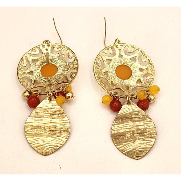 Gold Filigree Dangle Earrings Orange Red Beads, Rhinestones Thailand Fall Party - Picture 4 of 5